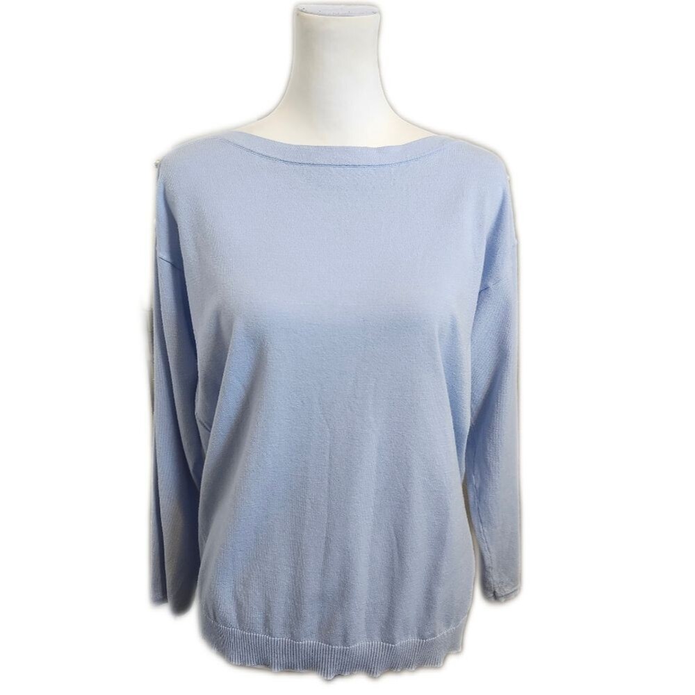 Talbots Light Blue Boat Neck Fine Knit Sweater, Pearl Sleeve Detail, M